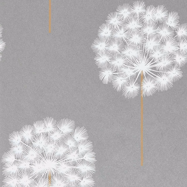Cool pewter wallpaper with white dandelion bursts and slender brass stems