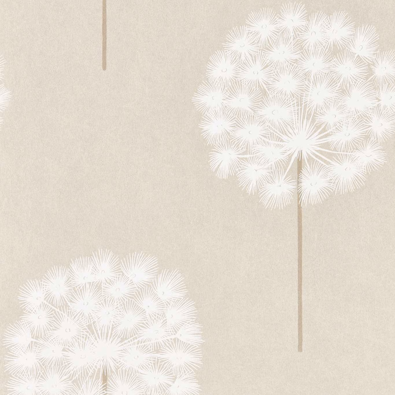 Pearl beige wallpaper with white dandelion heads and slender rosegold stems