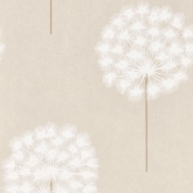Pearl beige wallpaper with white dandelion heads and slender rosegold stems