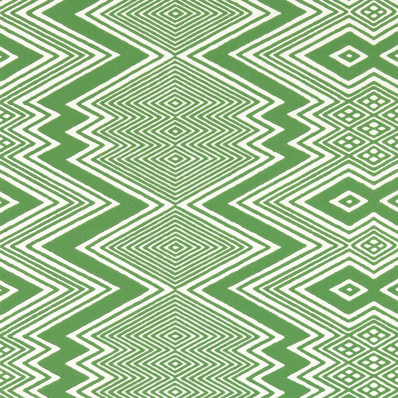 Meadow green wallpaper with crisp white concentric diamond and zigzag motifs