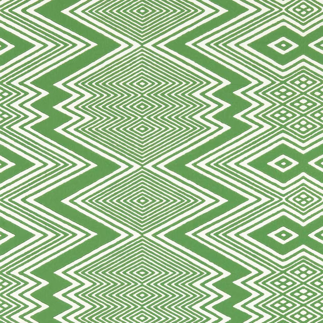 Meadow green wallpaper with crisp white concentric diamond and zigzag motifs