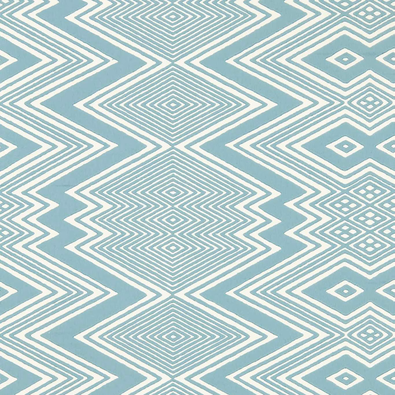 Sky-blue wallpaper with ivory concentric diamonds and angular zigzag lines