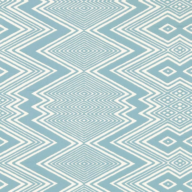 Sky-blue wallpaper with ivory concentric diamonds and angular zigzag lines