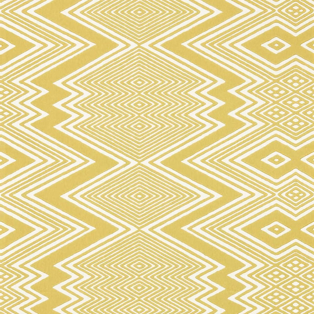 Sunflower-yellow wallpaper with ivory concentric diamonds and stepped geometric zigzags