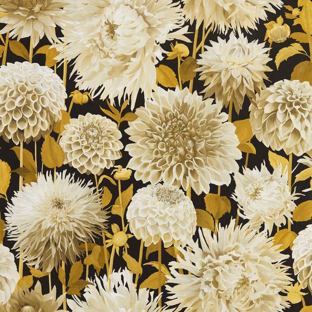 Cream dahlia blooms and ochre leaves on a deep black floral wallpaper ground