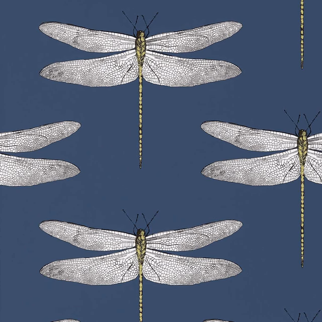 Ink-blue wallpaper with pale netted dragonflies and chartreuse bodies