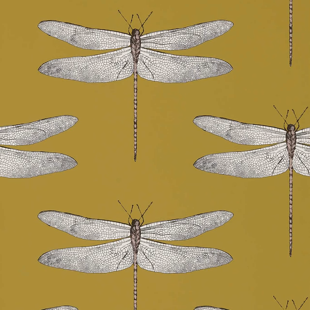 Warm ochre wallpaper with pale veined dragonflies and grape-toned bodies
