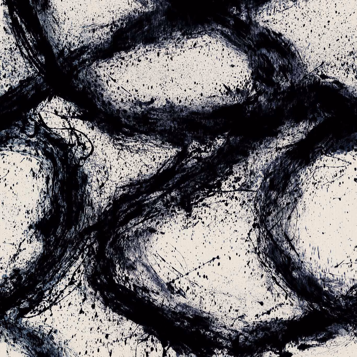 Black ink-like loops and splatters over an off-white Origami wallpaper ground