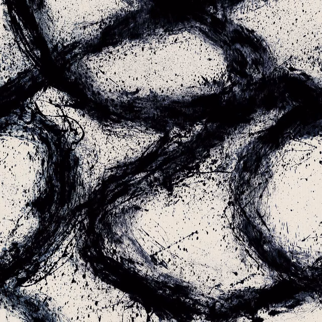 Black ink-like loops and splatters over an off-white Origami wallpaper ground