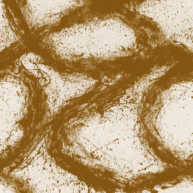 Warm ochre-brown abstract brush marks and splatter on a pale cream wallpaper ground