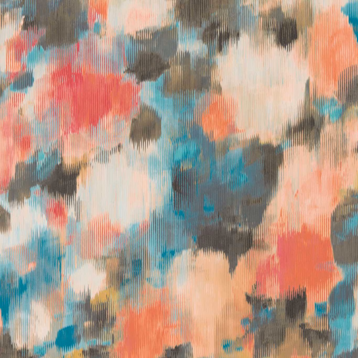 Coral and turquoise painterly blooms with charcoal marks on a finely lined pale ground