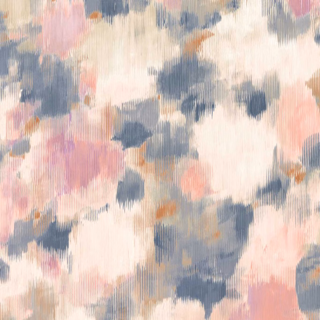 Cream wallpaper with heather pink, indigo and terracotta brushstroke motifs