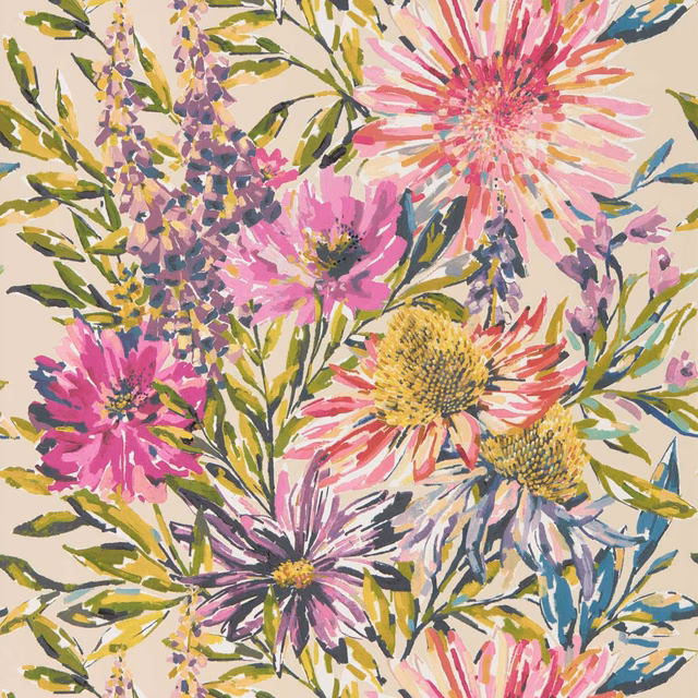 Painterly tangerine and fuchsia wildflowers with yellow centres on a cream ground