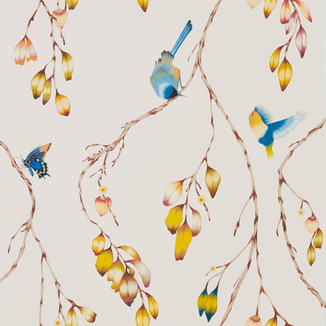 Ivory wallpaper with papaya blossoms, turquoise birds and fine branching stems