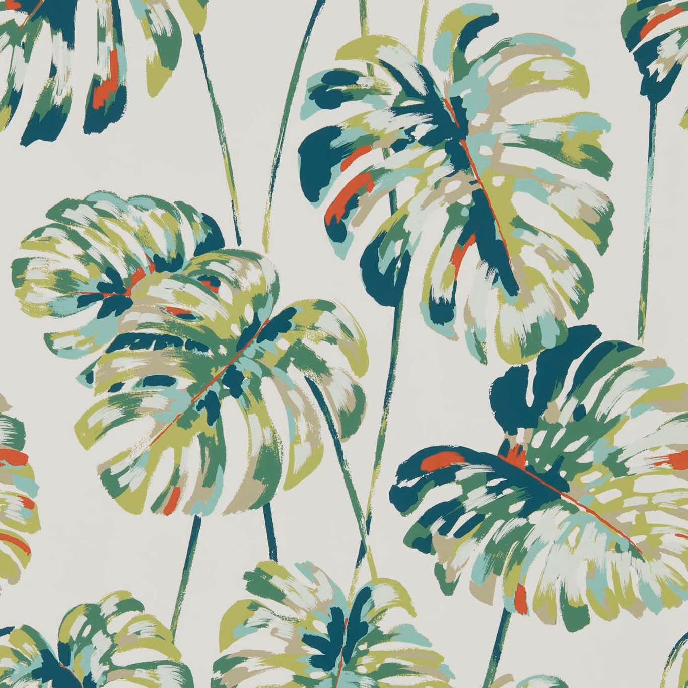 Painterly emerald and zest tropical leaves with coral accents on a pale grey ground