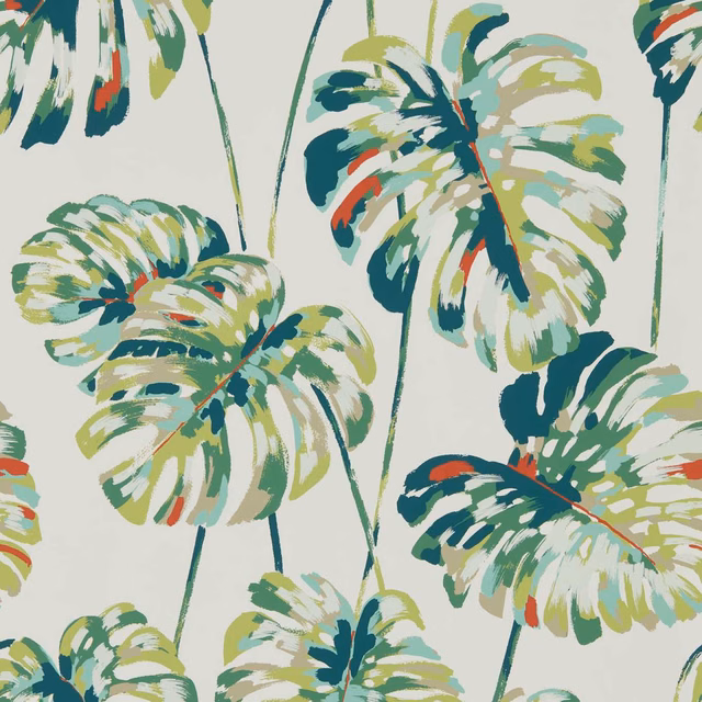 Painterly emerald and zest tropical leaves with coral accents on a pale grey ground