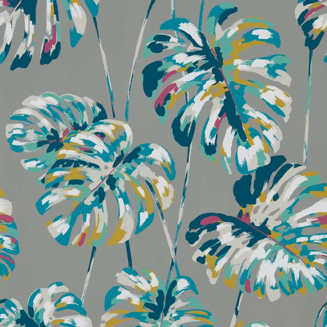 Painterly lagoon and cerise tropical leaves on a muted grey-green wallpaper ground