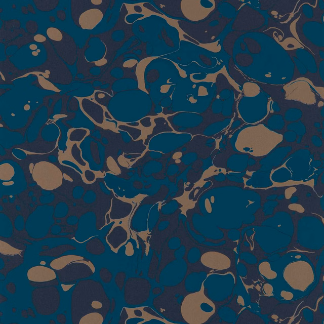 Deep azurite and Japanese ink marbling with copper-toned organic pools