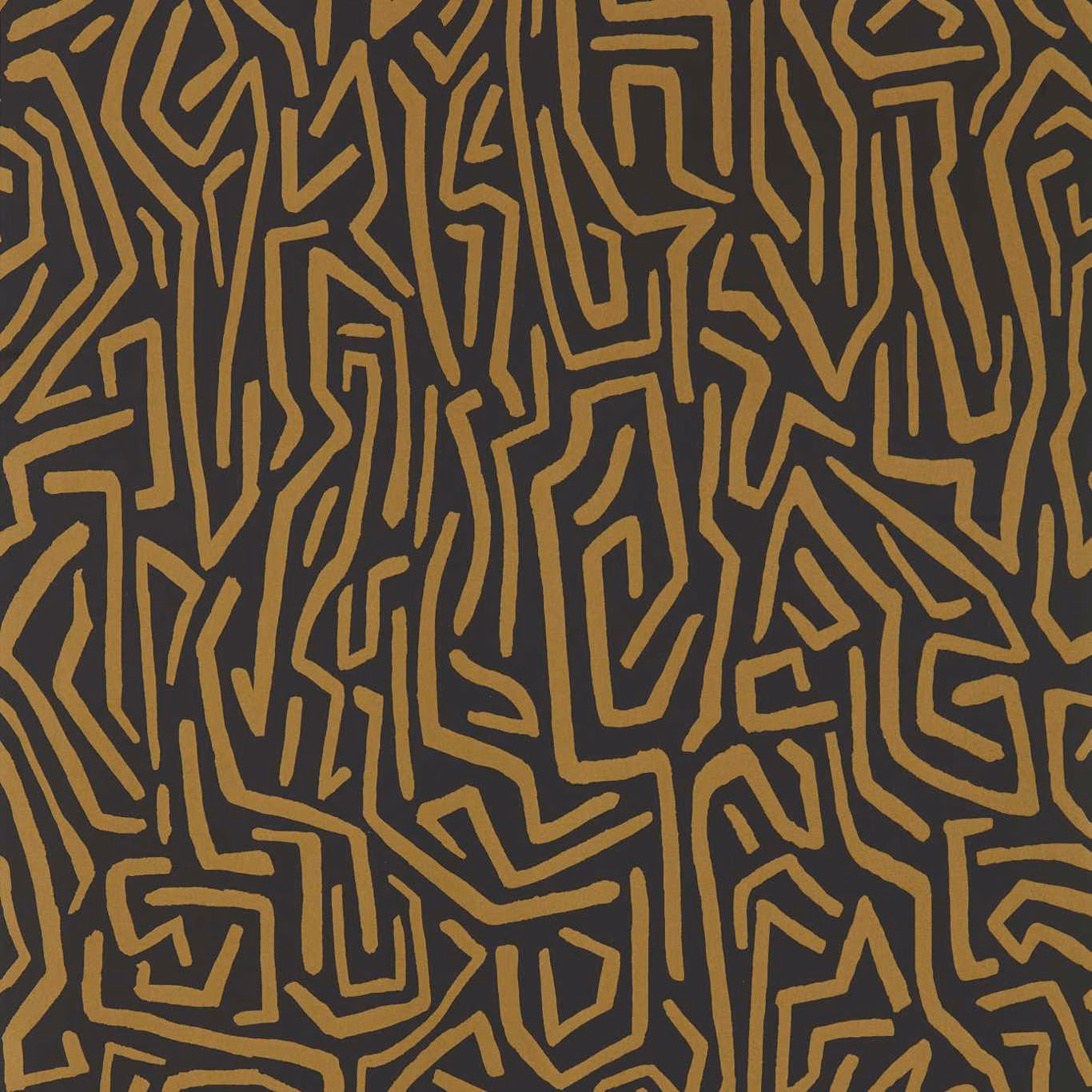 Ochre-gold maze-like lines woven across a deep black-earth graphic wallpaper ground
