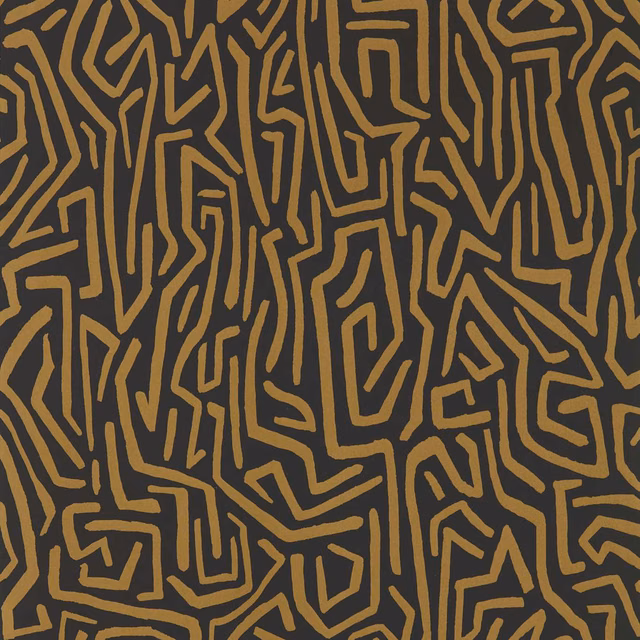 Ochre-gold maze-like lines woven across a deep black-earth graphic wallpaper ground