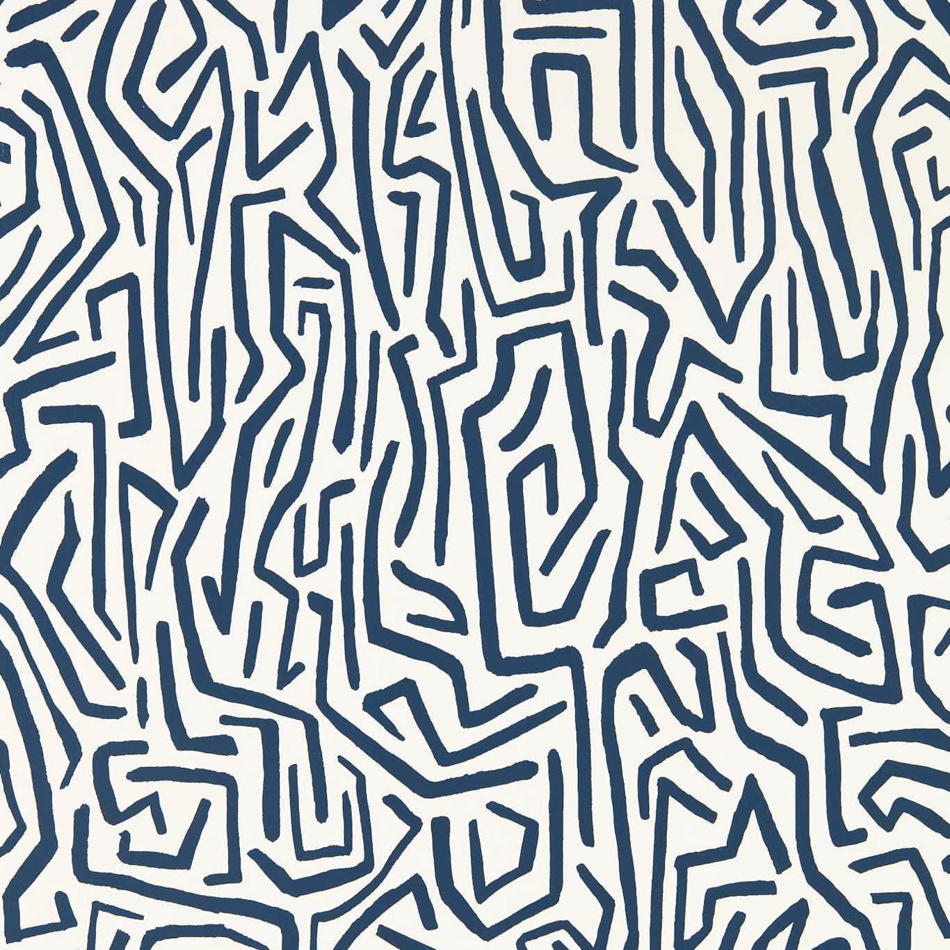 Ivory wallpaper with dense angular ink-blue maze lines and folded geometric shapes