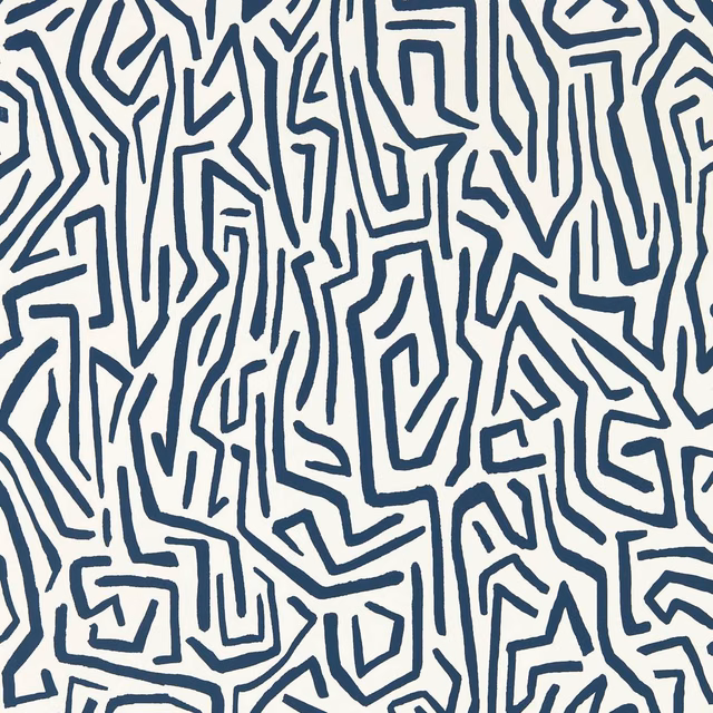 Ivory wallpaper with dense angular ink-blue maze lines and folded geometric shapes