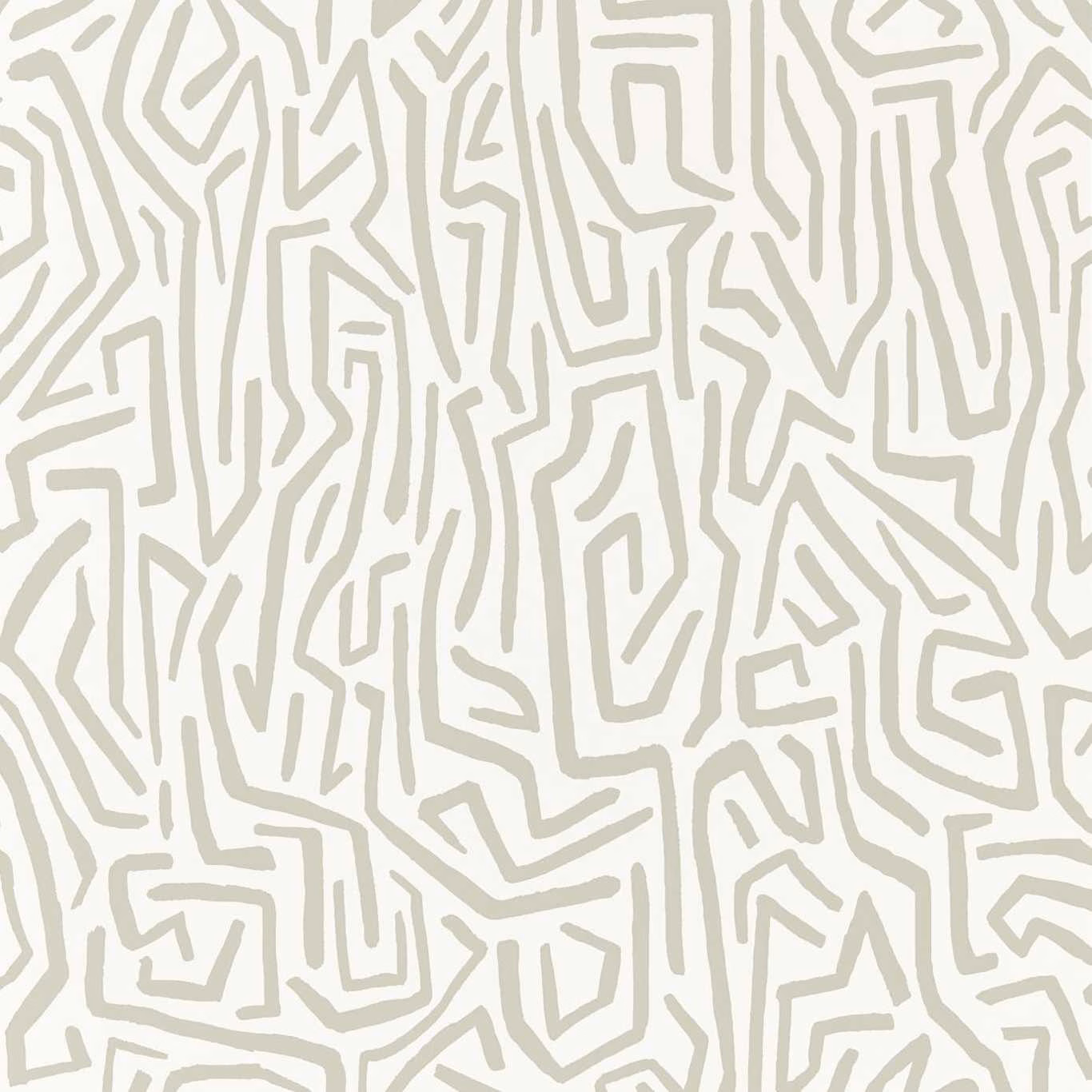 Pale stone wallpaper with muted greige angular maze lines in a dense repeat