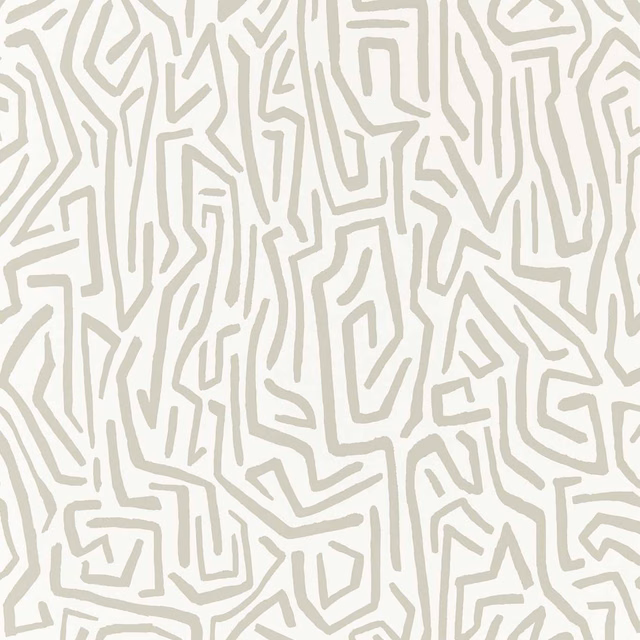 Pale stone wallpaper with muted greige angular maze lines in a dense repeat