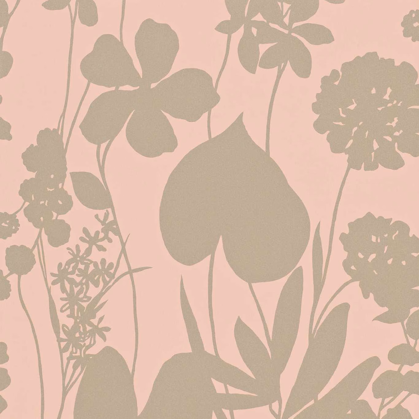 Soft peach wallpaper with oversized muted taupe flowers, stems and leafy silhouettes
