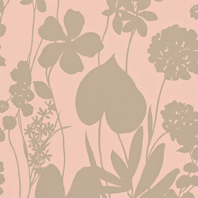Soft peach wallpaper with oversized muted taupe flowers, stems and leafy silhouettes