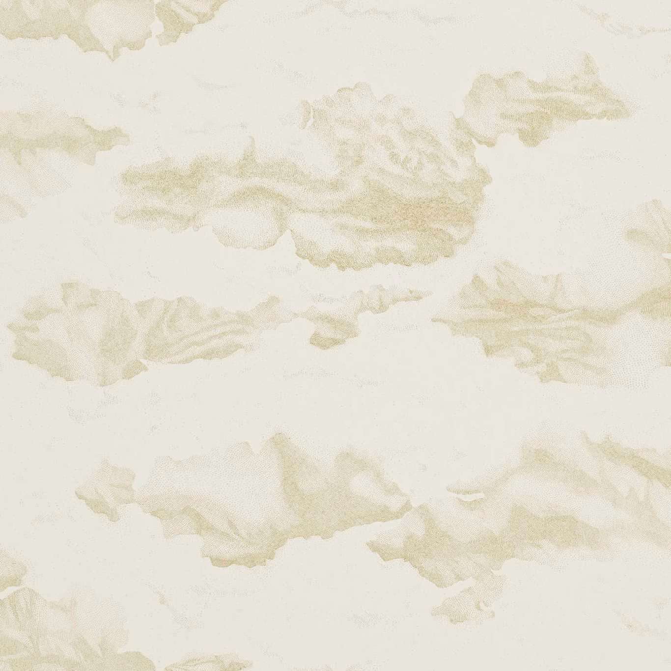 Pale shell wallpaper with muted gold, cloud-like painterly motifs and softly mottled edges