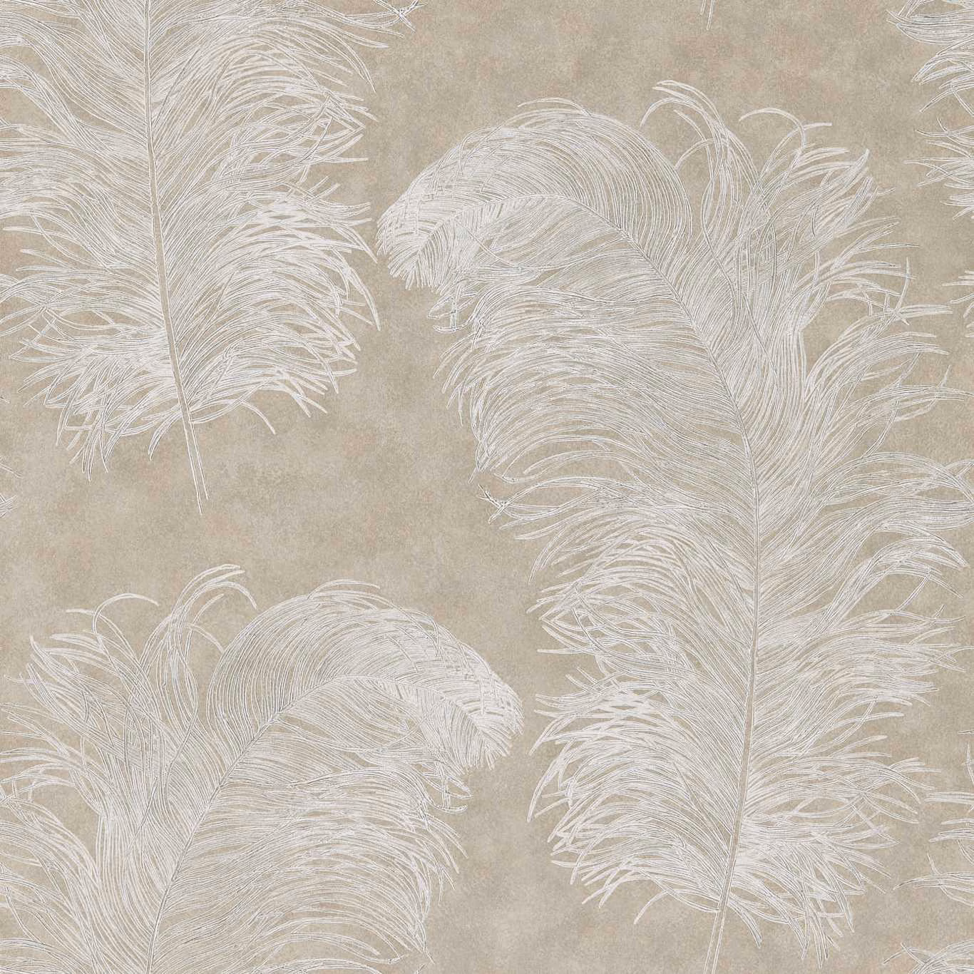 Ivory feather fronds sweeping across a softly mottled pebble wallpaper ground