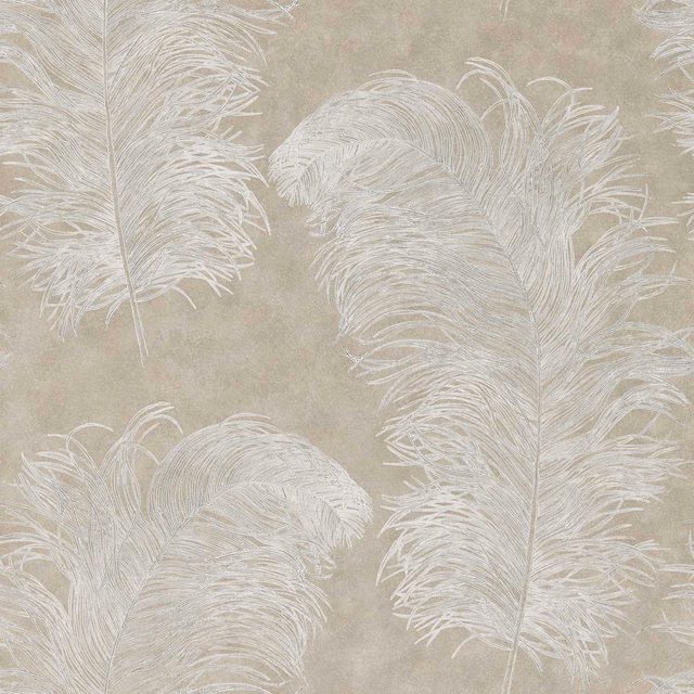 Ivory feather fronds sweeping across a softly mottled pebble wallpaper ground