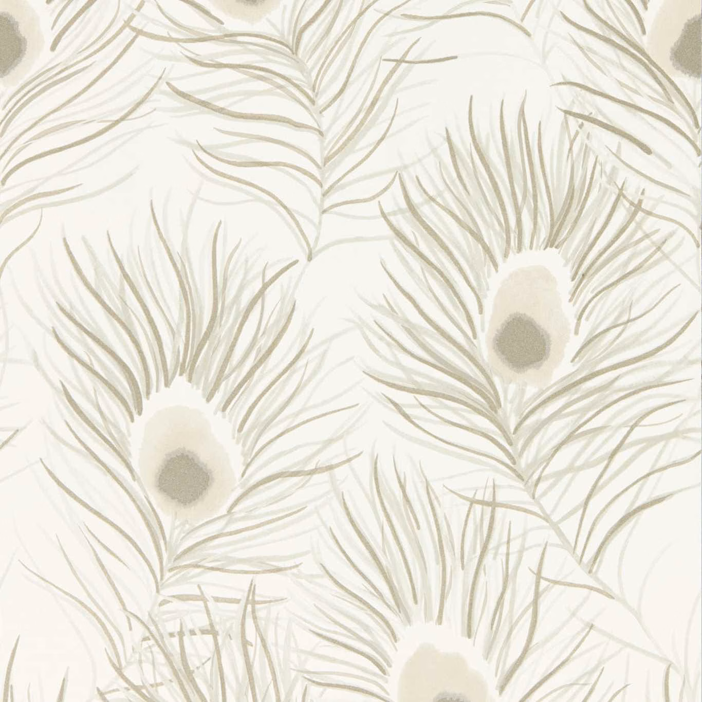 Pearl wallpaper with large rosegold and taupe peacock feather plumes