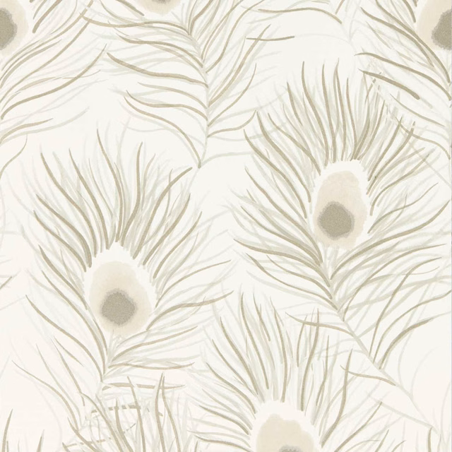 Pearl wallpaper with large rosegold and taupe peacock feather plumes