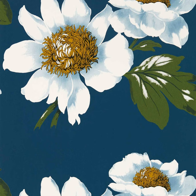White peonies with gold centres and green leaves on a deep azurite blue ground