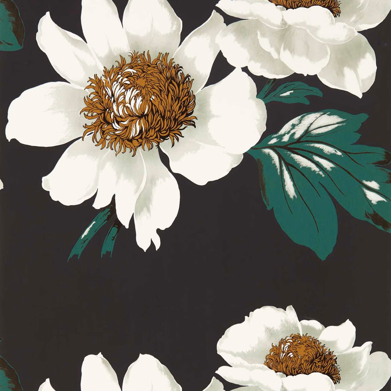Charcoal-black wallpaper with oversized ivory peonies, gold-brown centres and deep fig-green leaves
