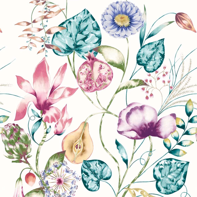 Lagoon teal leaves and cerise blooms with lavender flowers on a cream ground