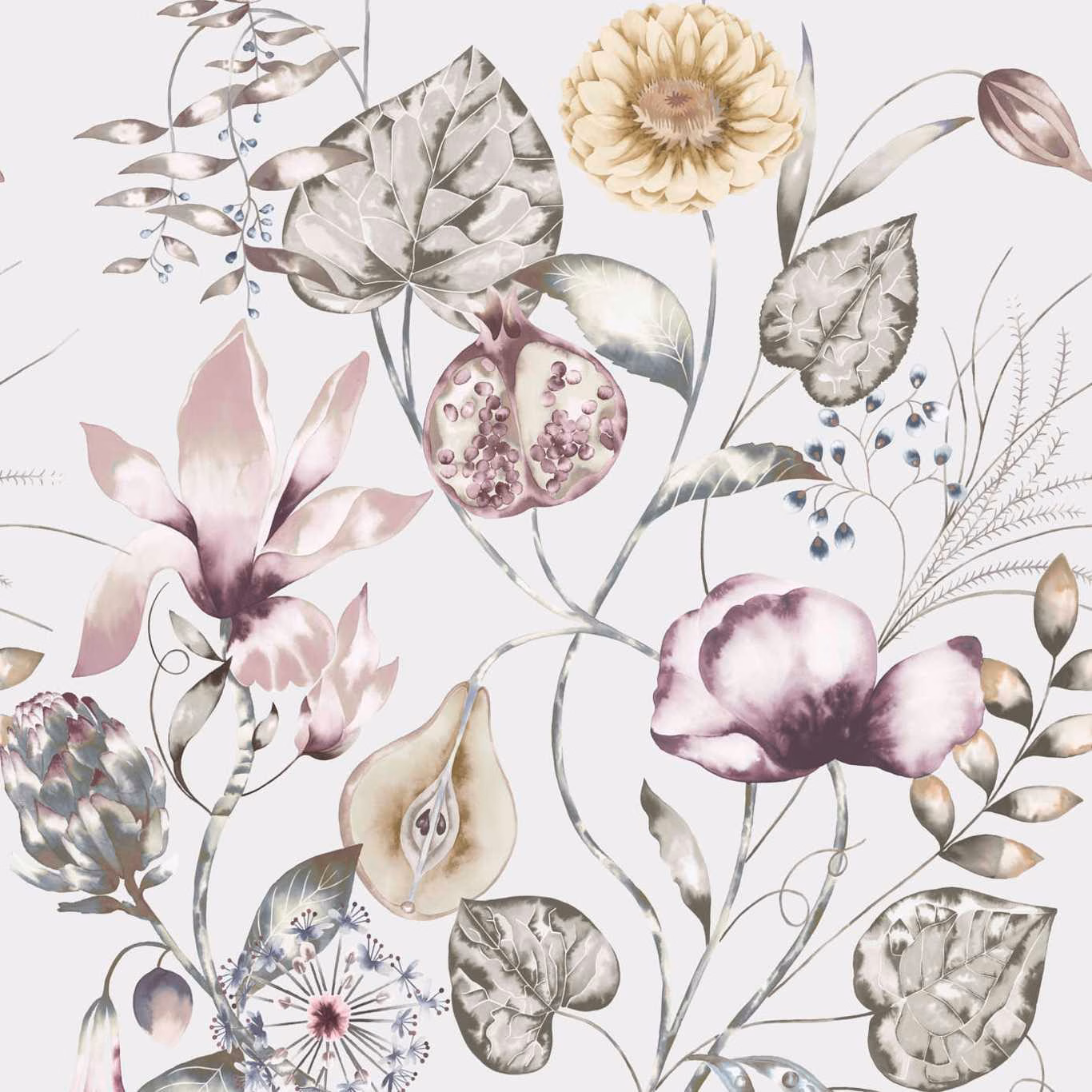 Pale botanical wallpaper with ochre flower, olive leaves and heather blooms