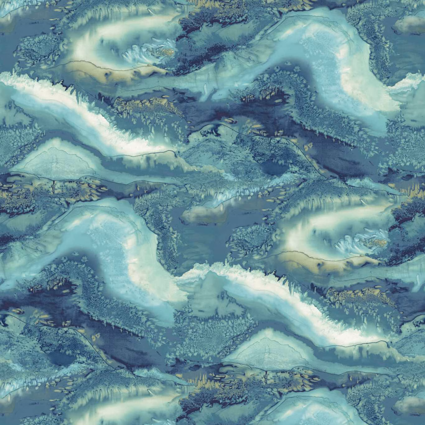 Layered teal and aqua abstract wallpaper with deep blue and olive marbled ripples