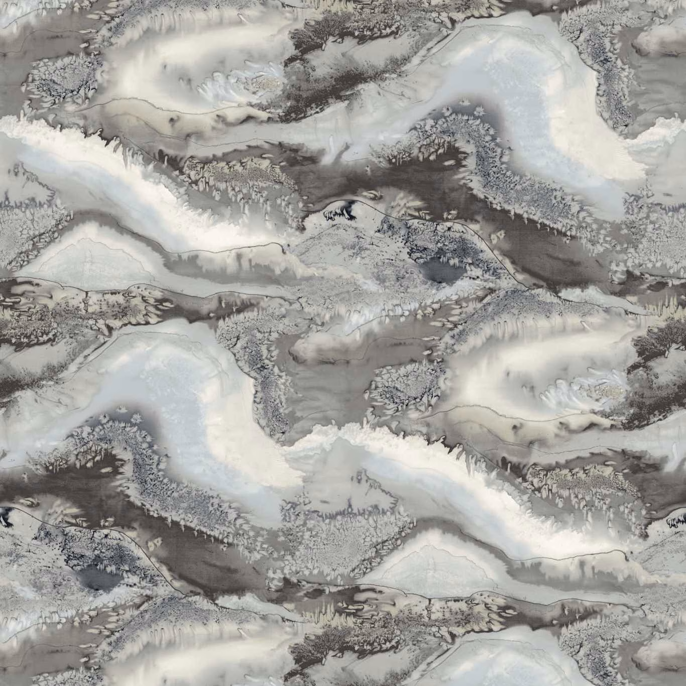 Cool grey, white and icy blue abstract swirls with feathery charcoal detail