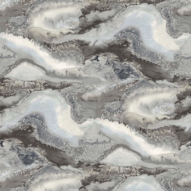 Cool grey, white and icy blue abstract swirls with feathery charcoal detail