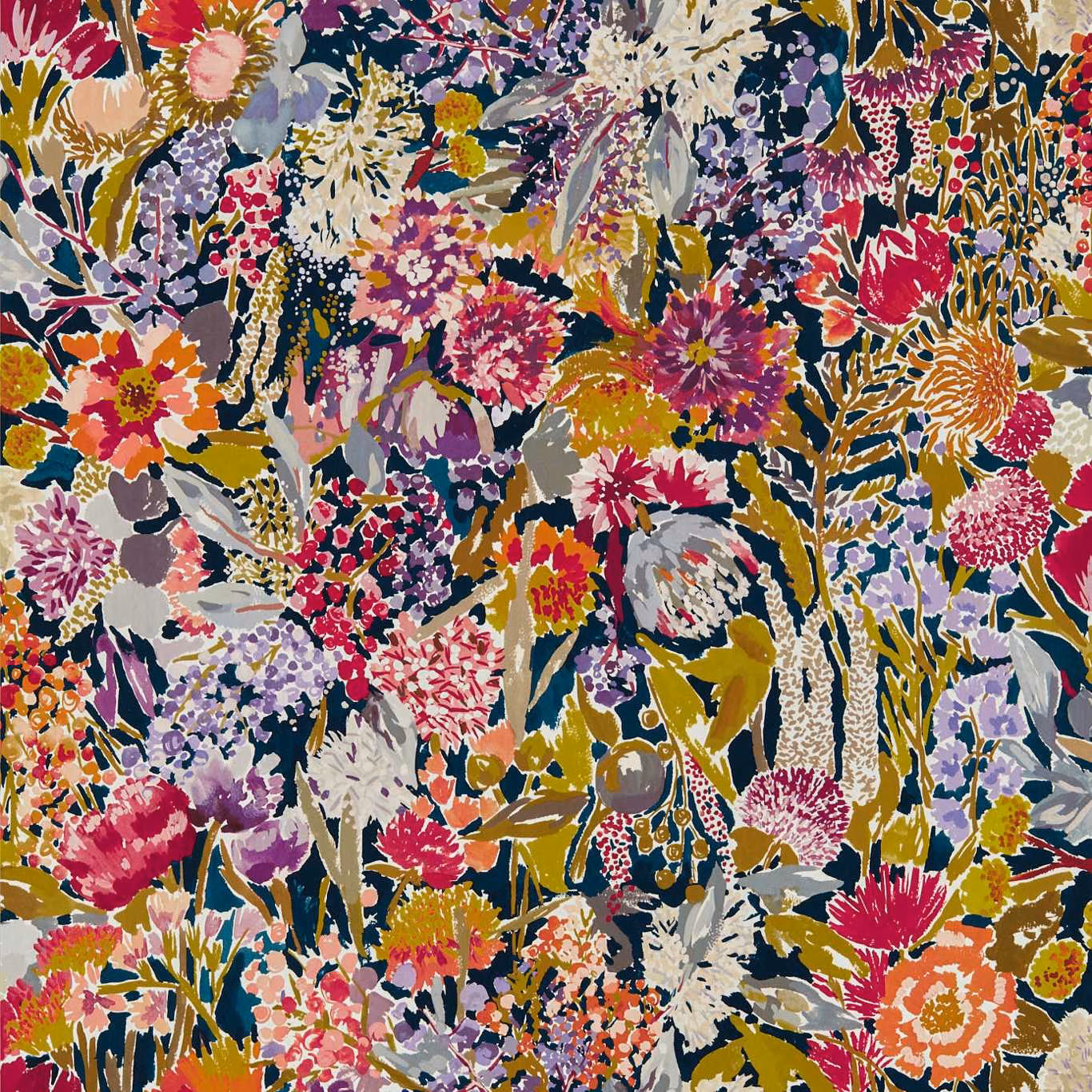 Dense pomegranate, blueberry and peony floral wallpaper with olive and lilac foliage
