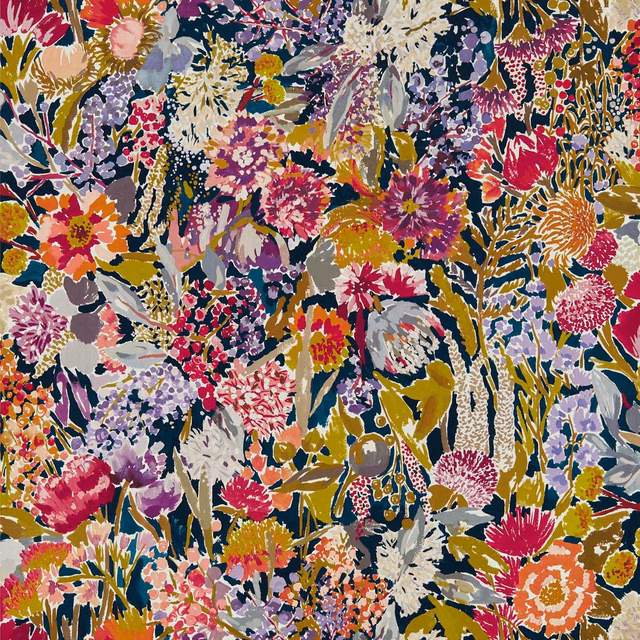 Dense pomegranate, blueberry and peony floral wallpaper with olive and lilac foliage