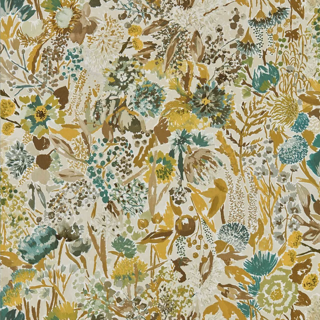 Dense botanical wallpaper in seaglass teal, ochre, cream and soft brown