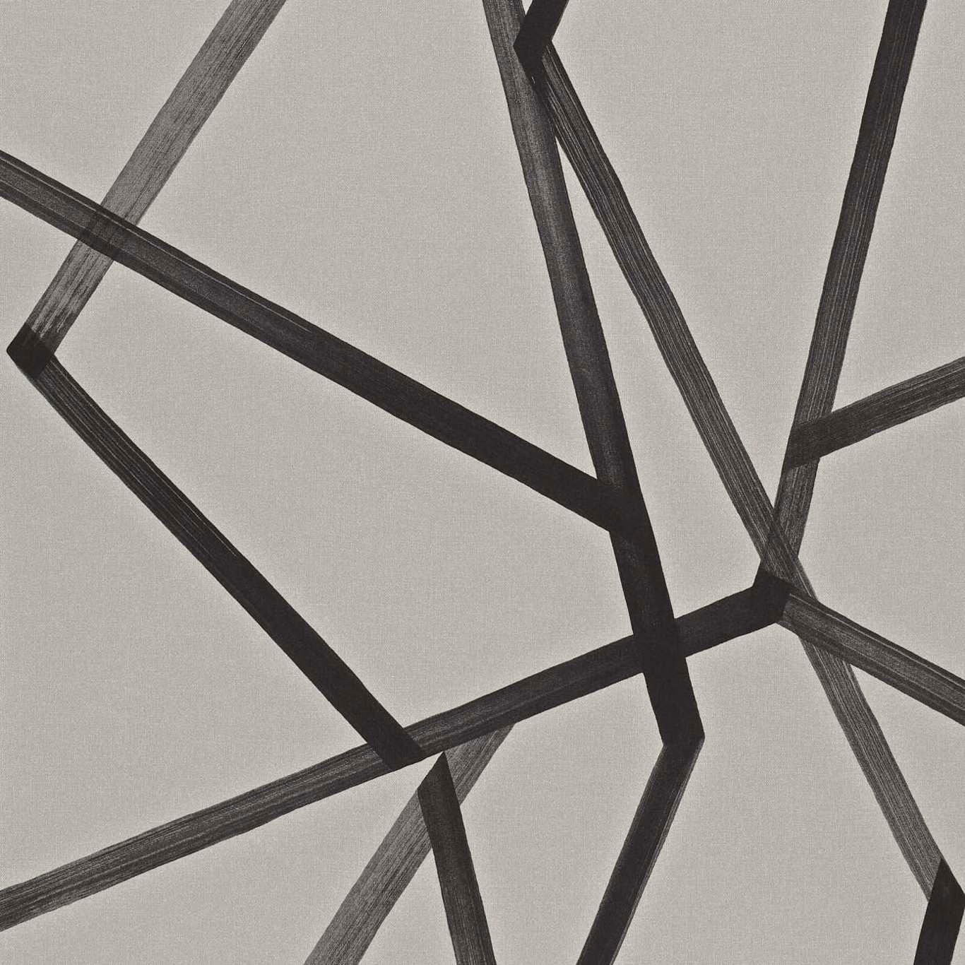 Charcoal angular bands crossing a soft grey linen-textured wallpaper ground