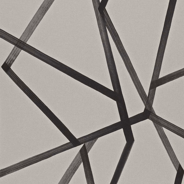 Charcoal angular bands crossing a soft grey linen-textured wallpaper ground