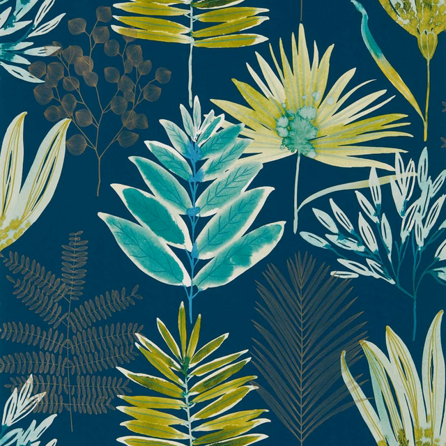 Deep teal botanical wallpaper with lime leaves, emerald foliage and ivory blooms