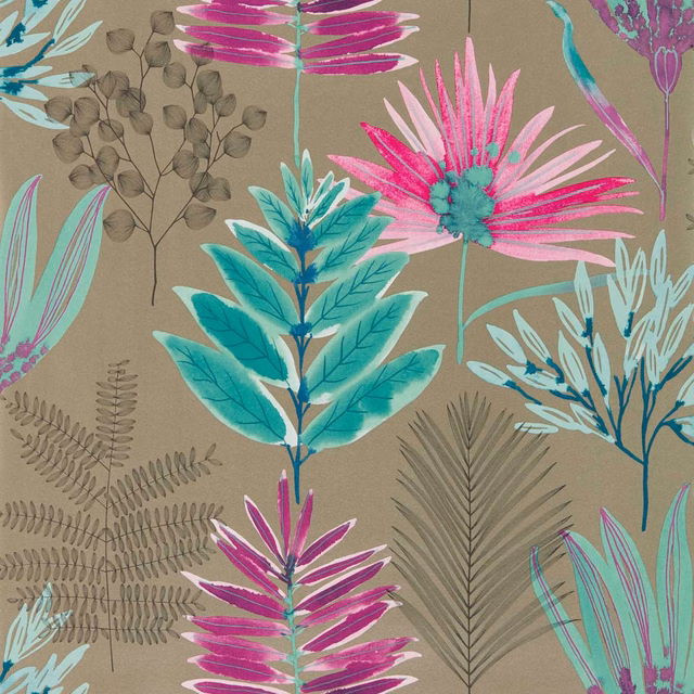 Taupe botanical wallpaper with vivid lagoon leaves and cerise flowers