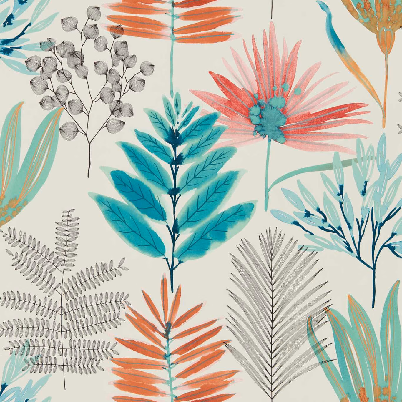 Paprika, turquoise and grey botanical stems on a soft cream wallpaper ground